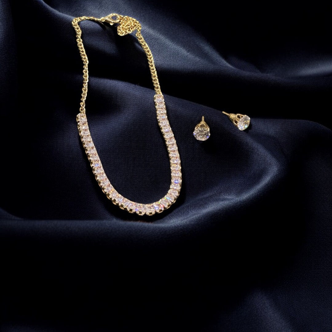 Tennis Golden Necklace and Earring Set